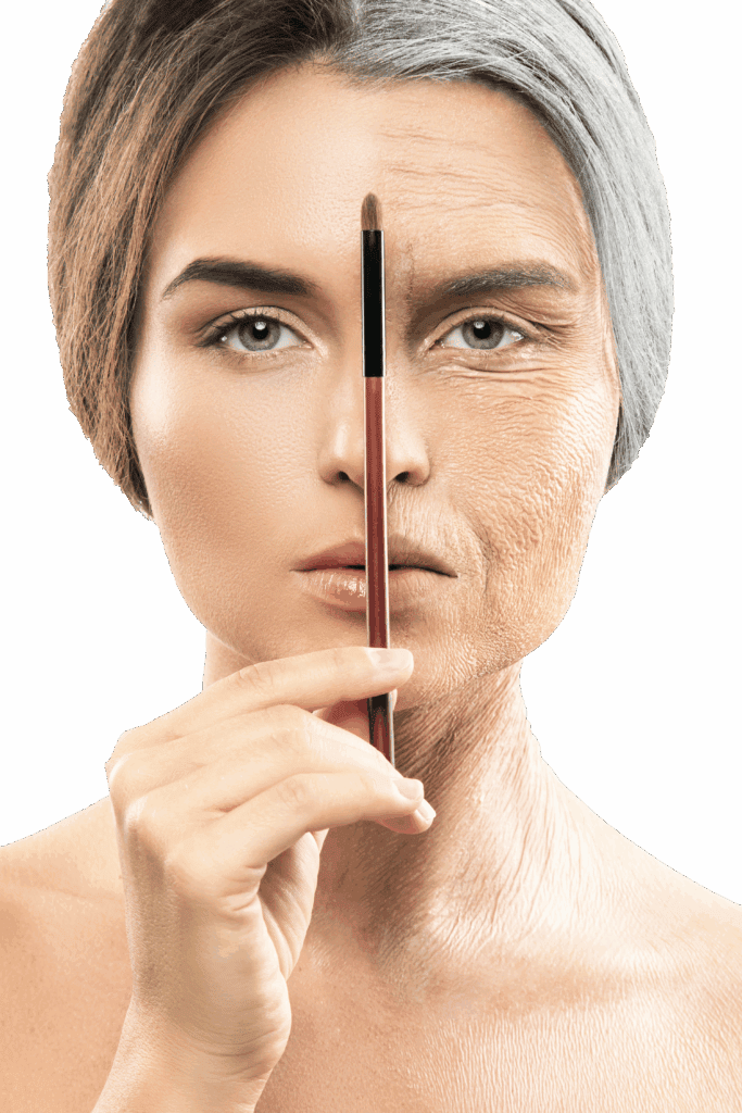 a woman holding a pencil over her face