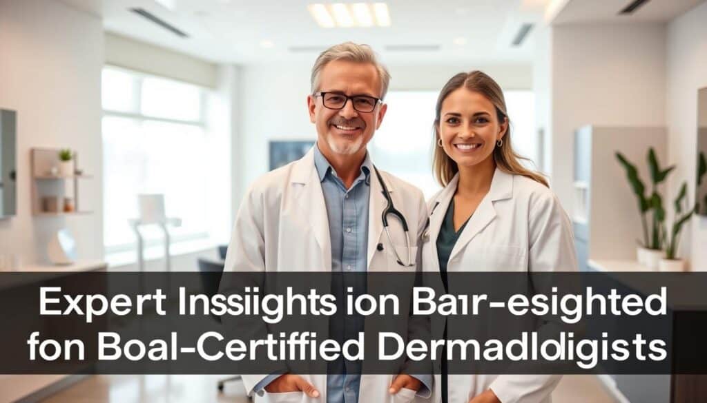 A board-certified dermatologist stands confidently in a well-lit, modern medical office. They wear a crisp, white lab coat and have a warm, professional demeanor. The office features sleek, minimalist decor, with natural light streaming in through large windows. The dermatologist is examining a patient's skin, their gaze intense and focused, conveying expertise and care. The scene exudes an atmosphere of trust, reliability, and medical authority, perfectly suited to illustrate the "Expert Insights from Board-Certified Dermatologists" section of the article.