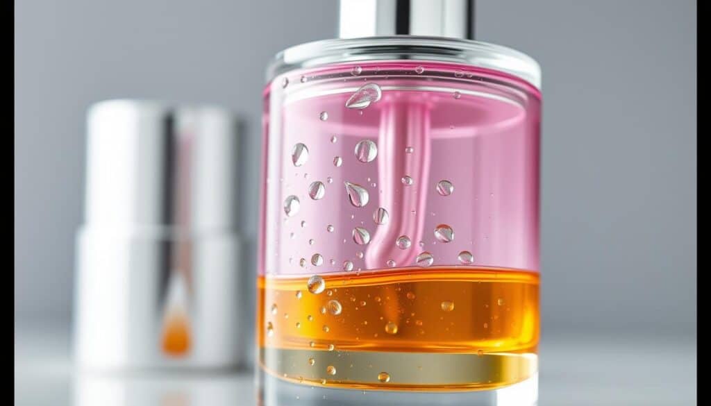 A close-up, hyper-detailed view of a dual-phase anti-aging serum bottle, shot with a macro lens in soft, diffused studio lighting. The bottle features a sleek, modern design with clean lines and a minimalist aesthetic. The serum appears to have a layered, two-tone effect, with a vibrant, active botanical phase and a rich, nourishing oil phase visibly separated. Crystalline droplets of dew cling to the bottle's surface, suggesting potent, concentrated ingredients. The overall impression is one of advanced, high-performance skin care technology that promises to revitalize and rejuvenate the skin.