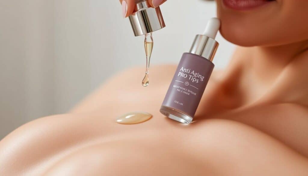 A close-up shot of a female's hands gently applying an anti-aging serum to her clean, glowing skin. The skin has a soft, radiant texture, and the serum is dispensed from a sleek, minimalist bottle labeled "Anti Aging Pro Tips". The lighting is soft and diffused, creating a tranquil, spa-like atmosphere. The background is blurred, allowing the focus to remain on the application process. The overall mood is one of relaxation, self-care, and a sense of rejuvenation.