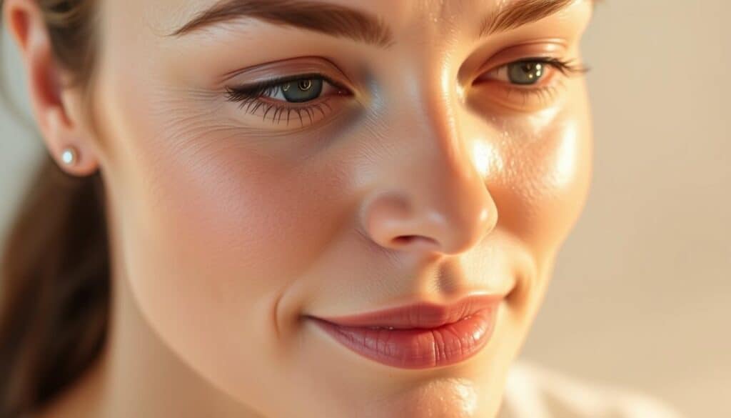 A close-up shot of a woman's face, showcasing various non-surgical skin procedures. In the foreground, a glowing complexion with hydrated, radiant skin. In the middle ground, subtle minimization of fine lines and wrinkles around the eyes and forehead, achieved through gentle treatments. The background is softly blurred, emphasizing the focus on the skin's youthful and rejuvenated appearance. Warm, natural lighting casts a soft, flattering glow, highlighting the effectiveness of the anti-aging treatments. The overall mood is one of serene, natural beauty and a refreshed, rejuvenated complexion.