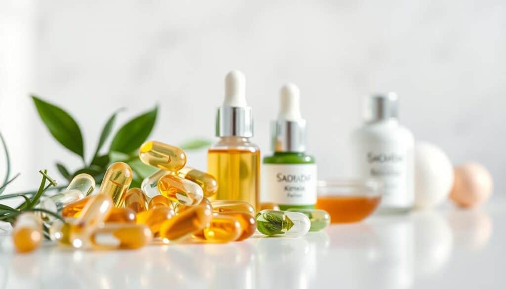 A close-up shot of an array of Korean skincare ingredients against a blurred, minimalist background. In the foreground, an arrangement of glistening, translucent capsules, serums, and potions in shades of amber, green, and pearlescent white. Hyaluronic acid, vitamin C, green tea, and other potent, scientifically-backed active ingredients are prominently displayed. The lighting is soft and diffused, creating a tranquil, spa-like atmosphere. The focus is sharp on the products, emphasizing their purity, efficacy, and the advanced science behind their formulations. An understated, elegant composition that visually conveys the essence of youthful, radiant skin achieved through the strategic use of Korean skincare essentials.