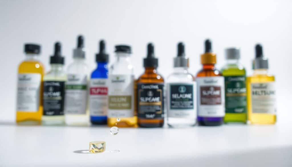 A close-up shot of various skincare oils in glass bottles, neatly arranged on a clean, white background. The bottles are lit from the side, creating soft shadows and highlights that accentuate the translucent, shimmering textures of the oils. In the foreground, a few droplets of oil are suspended, seemingly frozen in time, showcasing the viscosity and refractive properties of the formulations. In the middle ground, the bottles are positioned to create a visually appealing and symmetrical composition, with labels and branding elements visible but not overpowering. The background is slightly blurred, keeping the focus on the oils and their scientific properties. The overall mood is one of clinical precision, scientific inquiry, and the beauty of natural, skin-nourishing ingredients.