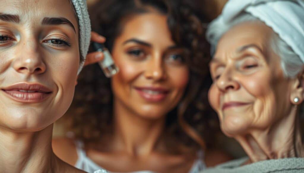 A close-up view of diverse women's faces, showcasing personalized skin treatments across different ages. In the foreground, a youthful woman undergoing a facial massage, her skin glowing with a healthy radiance. In the middle ground, a middle-aged woman applying a nourishing serum, her expression serene. In the background, an elderly woman receiving a rejuvenating facial, her features softened by the warm, diffused lighting. The scene is captured with a shallow depth of field, emphasizing the individual focus and customization of each skin care routine. The overall mood is one of tranquility, self-care, and the natural progression of aging gracefully.