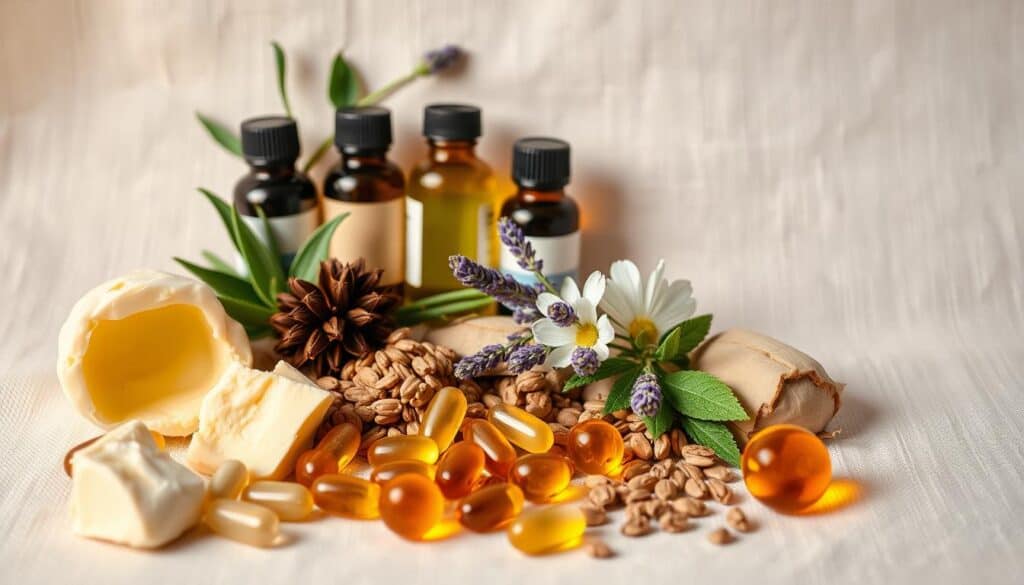 A flat-lay arrangement of premium hand cream ingredients against a soft, neutral background. In the foreground, an assortment of natural botanicals such as shea butter, aloe vera, and vitamin E capsules. In the middle ground, essential oils like lavender and chamomile in glass vials. The background features a subtle texture, perhaps linen or cotton, to evoke a sense of luxury and care. Warm, diffused lighting illuminates the components, highlighting their rich colors and textures. The overall mood is one of tranquility, efficacy, and indulgence, conveying the power of these carefully selected ingredients to revitalize aging hands.