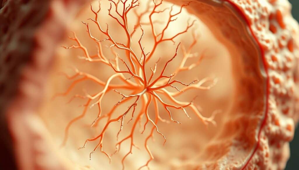 A highly detailed, scientifically accurate illustration of the internal skin structure, showcasing the intricate lattice of collagen fibers that provide elasticity and support. Rendered in a muted, earthy color palette with a soft focus, natural lighting that emphasizes the delicate, fibrous nature of the collagen matrix. The image should convey a sense of the complex, microscopic architecture that underpins healthy, youthful skin, suitable for educational and informative purposes.