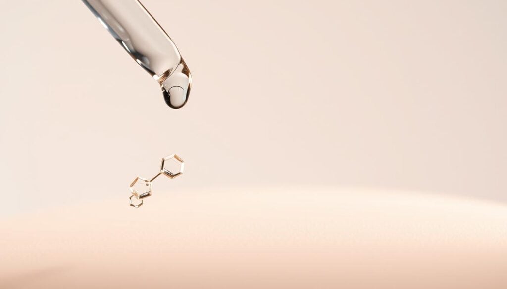 A minimalistic, close-up illustration showcasing the synergistic benefits of hyaluronic acid and retinol for youthful, radiant skin. In the foreground, a glass dropper dispenses a transparent serum, with hyaluronic acid and retinol molecules depicted as abstract, geometric shapes floating in the liquid. The middle ground features a smooth, poreless, glowing skin texture, hinting at the hydrating and rejuvenating effects of the ingredients. The background is a soft, gradient blur, creating a clean, scientific focus on the key skincare components. Crisp lighting from the top-left casts subtle shadows, emphasizing the three-dimensional nature of the formulation. The overall tone is sleek, modern, and visually captivating, perfectly suited to illustrate the section on the power of hyaluronic acid and retinol. Mens Anti-Aging Cream