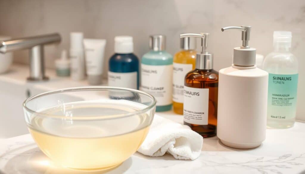 A neatly arranged vanity top showcases the stages of a double cleansing routine. In the foreground, a glass bowl filled with warm water and a soft washcloth sits alongside a delicate oil-based cleanser in a frosted glass bottle. In the middle ground, a creamy, foaming face wash in a minimalist, ceramic dispenser stands ready. The background features a selection of luxurious Korean skincare products - hydrating toners, serums, and moisturizers - all bathed in soft, diffused lighting that creates a calming, spa-like atmosphere. The scene conveys a sense of intentionality, self-care, and the transformative power of a well-executed Korean skincare regimen.
