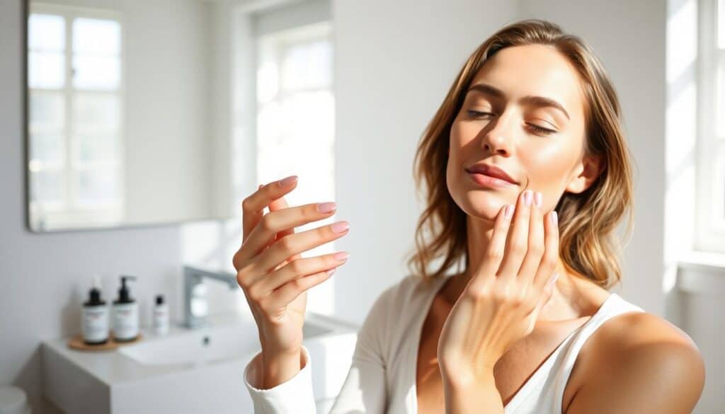 A serene, minimalist bathroom setting with bright, natural lighting. In the foreground, a woman's hands gently apply Eucerin Anti Age moisturizer to her face, her expression one of tranquil focus. The middle ground features a clean, modern vanity with neatly arranged skincare products, including a bottle of Eucerin Anti Age serum. The background showcases a large, minimalist mirror, reflecting the woman's thoughtful routine. The overall mood is one of relaxation and intentionality, capturing the essence of a rejuvenating daily skincare regimen with Eucerin Anti Age products.
