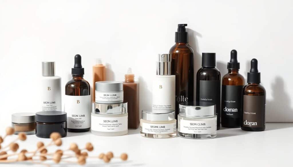 A sleek, minimalist arrangement of various skincare products, each representing a different skin type. In the foreground, an array of bottles and jars in muted tones, meticulously placed to create a visually striking composition. The middle ground features a clean, white background, allowing the products to take center stage. Soft, even lighting casts subtle shadows, emphasizing the textures and shapes of the items. The overall mood is one of sophistication and simplicity, reflecting the sophisticated nature of the anti-age lotion and its suitability for diverse skin types.