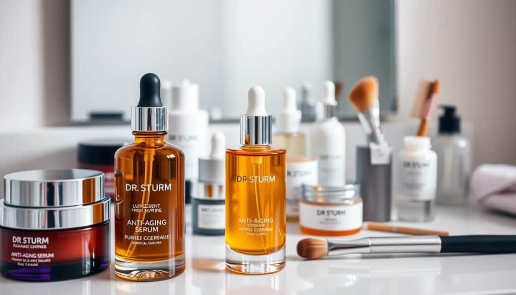 A sleek, minimalist vanity counter showcasing an array of high-end skincare products. In the foreground, a glass bottle of Dr. Sturm's Anti-Aging Serum takes center stage, its elegant design and amber-hued contents reflecting the warm, diffused lighting. Surrounding it, an assortment of jars, pipettes, and brushes create a sense of a curated, personalized skincare routine. The middle ground features additional skincare essentials, each neatly arranged to convey a sense of organization and intentionality. The background is a soft, blurred backdrop, allowing the products to be the focal point, creating an atmosphere of luxurious self-care.