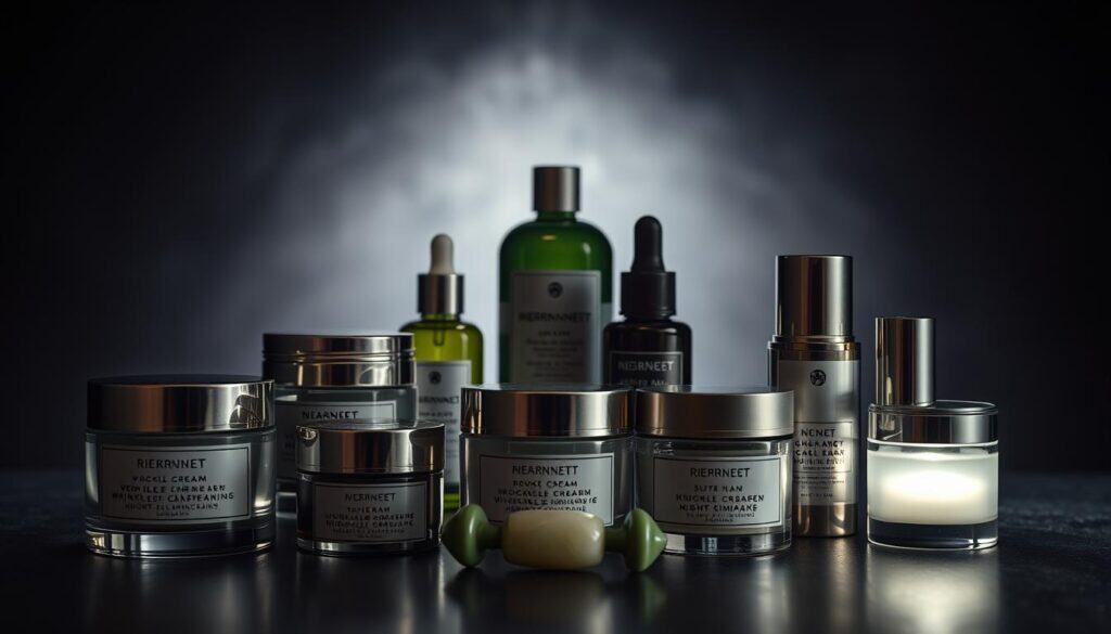 A sophisticated arrangement of men's anti-aging skincare products on a dimly lit, moody studio set. In the foreground, an array of luxurious wrinkle creams and night moisturizers in glass jars and metal tubes, their labels elegantly designed. The middle ground features a glass bottle of serum and a small jade facial roller, creating a sense of a comprehensive skincare regimen. The background is shrouded in deep shadows, with a subtle spotlight illuminating the products, conveying a sense of focus and importance. The overall mood is one of refinement, efficacy, and the promise of revitalized, youthful skin.