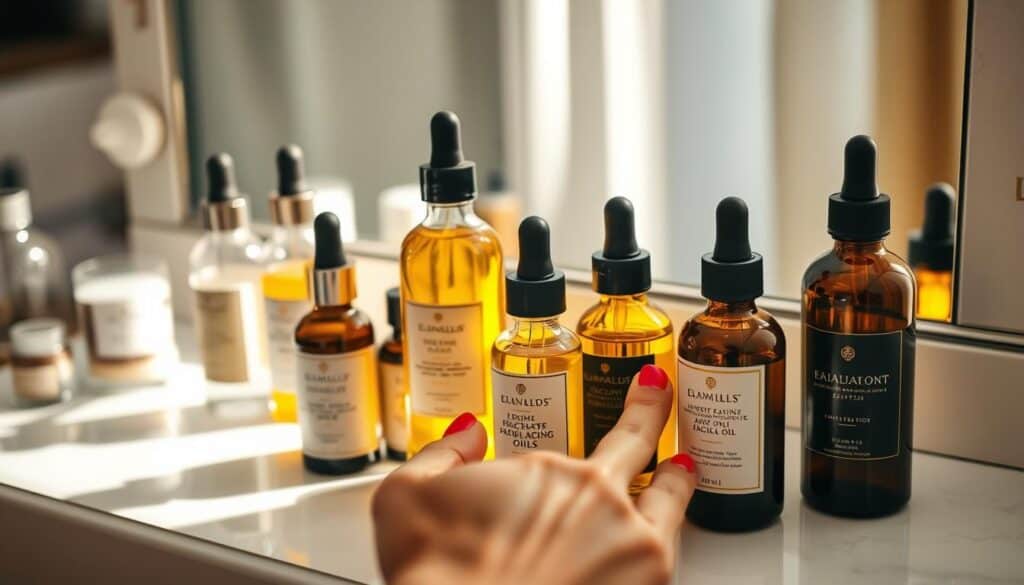 A well-lit vanity table showcases an assortment of high-end facial oils in various elegant glass bottles. The bottles are arranged artfully, casting soft shadows and reflecting the warm lighting. In the foreground, a woman's hand hovers over the oils, carefully examining the labels and textures, considering which one best suits her skin type. The background is hazy and blurred, creating a sense of focus on the decision-making process. The overall mood is one of thoughtful, luxurious self-care, inviting the viewer to discover the perfect anti-aging face oil for their unique skin.