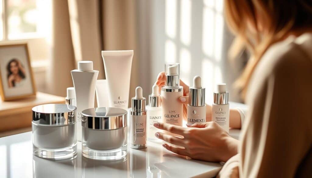 A well-lit vanity table showcases an assortment of high-end skincare products. On the table, a woman's hands carefully examine and compare different face moisturizers, serums, and cleansers, each packaged in elegant, minimalist containers. Soft, natural lighting filters through a nearby window, casting a warm glow on the scene. The woman's face is obscured, allowing the focus to remain on the thoughtful selection process. The background is blurred, drawing the viewer's attention to the intricate details of the skincare items and the woman's considered evaluation. The overall mood is one of considered self-care and a quest for the perfect products to nourish and revitalize the skin.