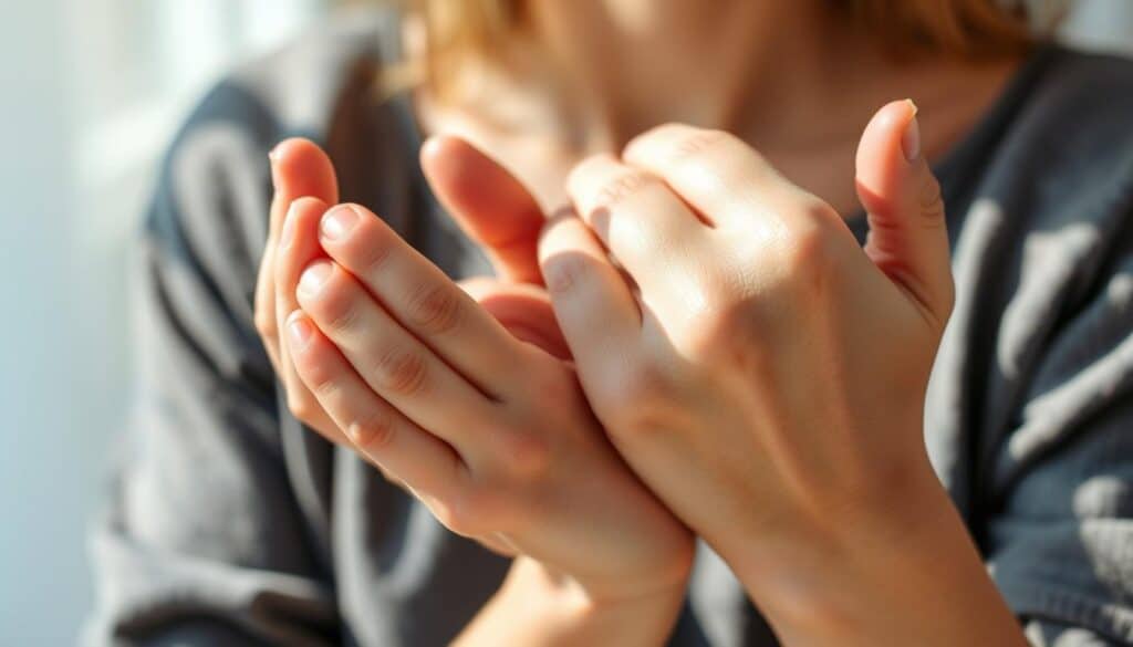 Close-up shot of a person's hands, with visibly smoother, more youthful-looking skin after using an anti-aging hand cream. The hands are positioned in a relaxed, open pose, showcasing the improved texture and tone. Soft, natural lighting from the side creates subtle shadows, highlighting the smoothness and suppleness of the skin. The background is blurred, placing the focus entirely on the transformation of the hands. The overall mood is one of rejuvenation and radiance, capturing the tangible results of the anti-aging hand cream.