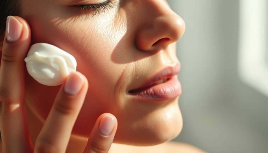 Close-up shot of a woman's hand gently applying a luxurious, fragrant anti-aging cream to her face. The skin appears smooth, radiant, and visibly rejuvenated, with a healthy, youthful glow. Soft, directional lighting from the side creates dimensional shadows, highlighting the contours of the face. The background is blurred, placing the focus entirely on the application process and the transformative results of the cream. The overall mood is serene, calming, and indulgent, conveying a sense of well-being and personal care.