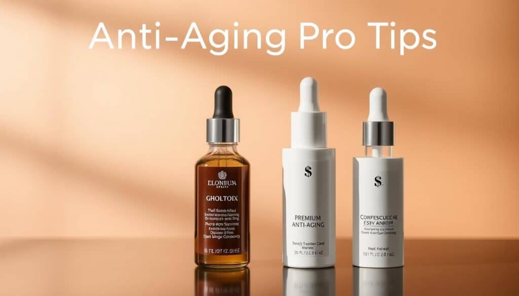 Prompt A sleek, modern display showcasing two premium anti-aging serum bottles, one with a higher price tag and the other with a lower price. The high-end bottle is elegantly designed, radiating a sense of luxury, while the more affordable option has a simple, minimalist aesthetic. In the background, a soft, hazy gradient in complementary tones creates a refined, sophisticated atmosphere. Subtle lighting casts a warm, inviting glow, highlighting the quality and efficacy of the serums. The scene conveys the concept of "Anti Aging Pro Tips" - that price does not necessarily equate to quality, and that both high-end and affordable options can deliver exceptional results.